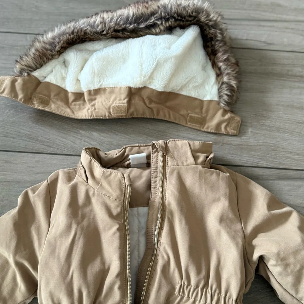 Girls puffer jacket Tan Hooded Jacket with Faux Fur Trim - Picture 4 of 4